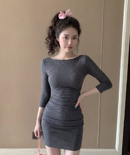 아메리칸 레트로 비스듬한 어깨 7부 소매 티셔츠 여성 드레스 가을 새로운 섹시함 허리 수축 타이트 스커트 미니 스커트 트렌디