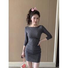 批发美式复古斜肩七分袖T恤<b class='q'>连衣裙</b>女秋季新款性感收腰包臀裙短裙潮