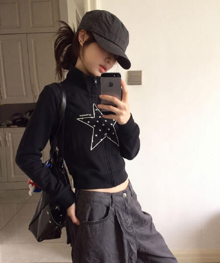 좋은 품질 아메리칸 레트로 스탠드 칼라 후드티 여성 가을 겨울 새로운 자수 캐주얼 루즈핏 지퍼 카디건 코트 트렌디