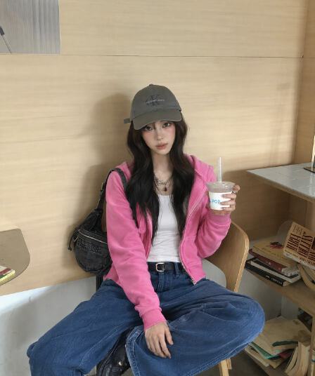 좋은 품질 아메리칸 트렌디 후드 티 스웨터 여성 봄 가을 레트로 단색 캐주얼 루즈핏 지퍼 카디건 코트 트렌디