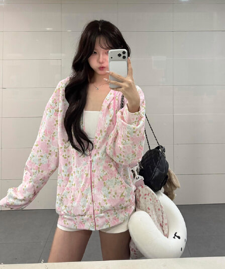 좋은 품질 아메리칸 꽃무늬 전체 인쇄 후드 티 스웨터 남녀 봄 가을 레트로 캐주얼 루즈핏 지퍼 카디건 코트