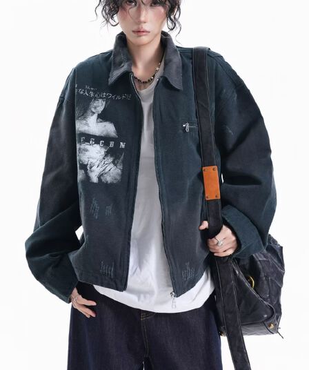 한국 chic 아메리칸 레트로 인물 프린트 마 오래된 워싱 워크웨어 재킷 남녀 가을 루즈핏 폴로 칼라 재킷