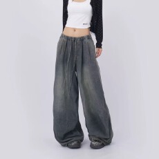 批发好质量秋季美式复古宽松显瘦牛仔<b class='q'>哈伦裤</b>女休闲百搭休闲阔腿老爹裤