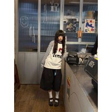 好质量 秋季新款美式条纹拼接长袖T恤女韩版宽松白色辣妹上衣潮