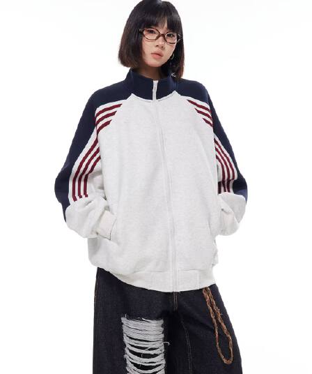 좋은 품질 아메리칸 레트로 배색 스탠드 칼라 캐주얼 재킷 여성 코트 봄 가을 디자인 지퍼 후드티 오픈 가디건 트렌디