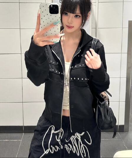 좋은 품질 아메리칸 레트로 거리 비즈 박기 디자인 오픈 가디건 후드 티 스웨터 패션 트렌드 쇼트 스타일 지퍼 재킷