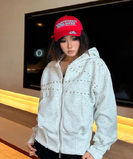 좋은 품질 아메리칸 레트로 새로운 루즈핏 캐주얼 후드 재킷 조수 브랜드 비즈 박기 오픈 가디건 허리 수축 쇼트 스타일 후드티