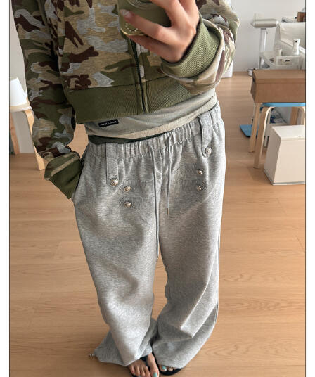 좋은 품질 가을 새로운 아메리칸 단추 허리밴드 넓은 다리 웨이 바지 남녀 루즈핏 캐주얼 바지 스트레이트 긴 바지