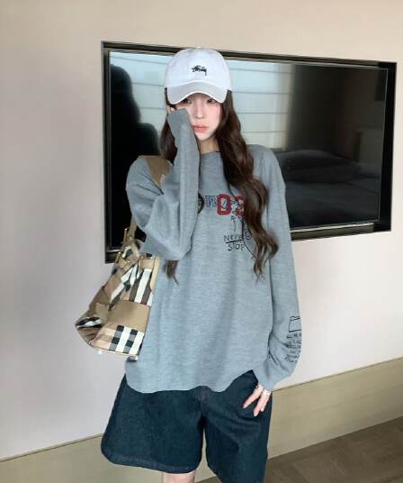 좋은 품질 후아 남편 그리드 가을 새로운 아메리칸 레트로 긴팔 여성 한국 스타일 루즈핏 전후 프린트 캐주얼 티셔츠 트렌디