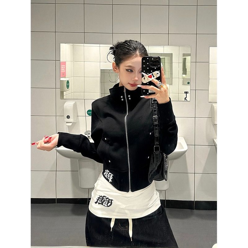 BY36588# 好质量美式复古古梵文刺绣立领短款宽松设计感外套女秋冬季上衣  服裝批發女裝批發服飾貨源
