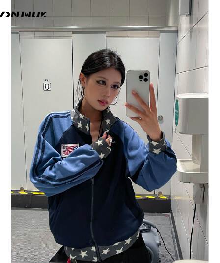 좋은 품질 아메리칸 레트로 자수 패치워크 별 스탠드 칼라 운동 오픈 가디건 후드티 여성 배색 쇼트 스타일 재킷 트렌디