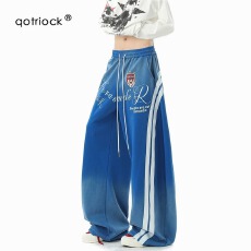 美式新款街头蓝色字母渐层卫裤男女慵懒条纹休闲裤宽松垂感拖地裤
