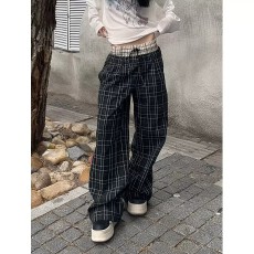 批发美式复古双腰头拼接设计感格子<b class='q'>休闲</b>裤男女宽松阔腿拖地感抽绳长裤