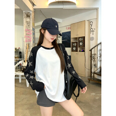 批发好质量 慵懒风长袖撞色T恤上衣女秋设计感星星烫钻<b class='q'>宽松</b>休闲<b class='q'>打底衫</b>