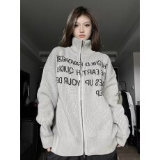 批发好质量美式复古潮牌字母印花开衫毛衣男女款宽松立领针织拉链外套