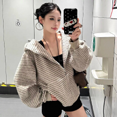 批发好质量 美式复古秋冬新款纯棉<b class='q'>兔毛</b>面条纹连帽卫衣女休闲外套潮