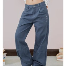 批发好质量 春秋新款美式复古<b class='q'>牛仔裤</b>女水洗蓝直筒宽松阔腿裤休闲长裤