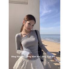 好质量 美式复古拼接条纹T恤女秋季设计长袖新款气质显瘦辣妹上衣
