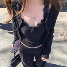 批发好质量美式大u领蕾丝拼接纯欲穿搭<b class='q'>套装</b>吊带+针织开衫上衣两件套女
