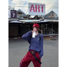 批发好质量 美式复古<b class='q'>街头</b>条纹拼色圆领长袖T恤男女春秋松弛感罩衫上衣