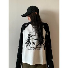 好质量 美式复古华夫格星星西部牛仔印花插肩长袖男女秋季上衣潮