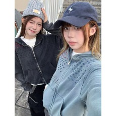 批发好质量 美式复古做旧手缝针刺绣连帽卫衣女boxy<b class='q'>短</b>款拉链开衫外套