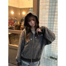 批发好质量 美式撞色条纹星星刺绣开衫卫衣男女连帽秋冬宽松休闲外套