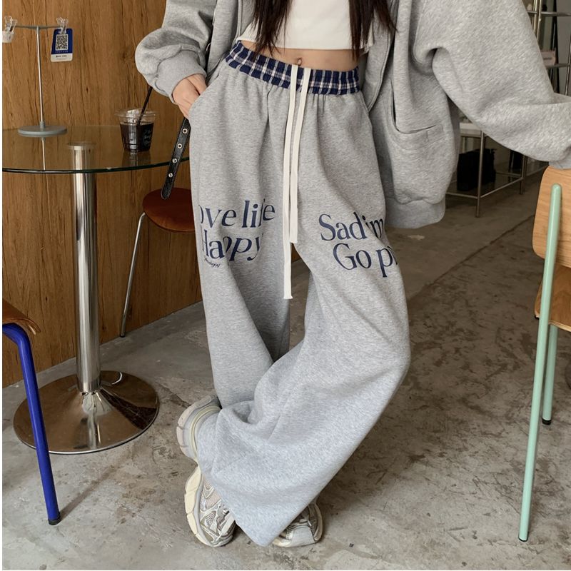 BY36593# 好质量美式复古春秋新款韩版印花字母运动卫裤宽松休闲阔腿裤女  服裝批發女裝批發服飾貨源