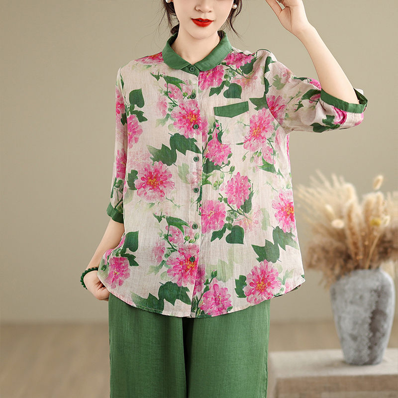 실사 라미 프린트 여성 셔츠 여름 새로운 루즈핏 연령 감소 문예 빅 사이즈 여성 의류 패치워크 색상 7부 소매 맨위