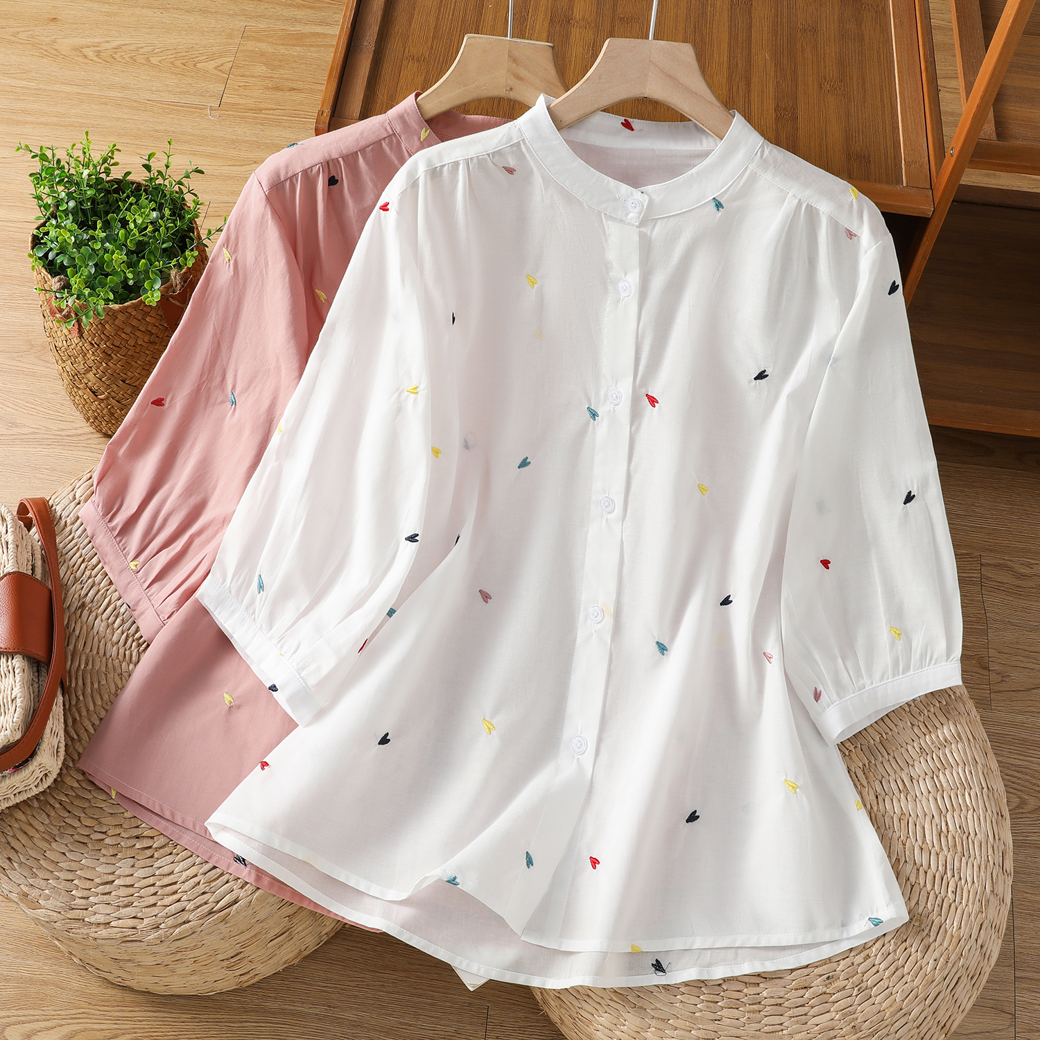 실사 문예 라미 하트 자수 여성 셔츠 여름 루즈핏 다용도 품격 연령 감소 오픈 가디건 맨위