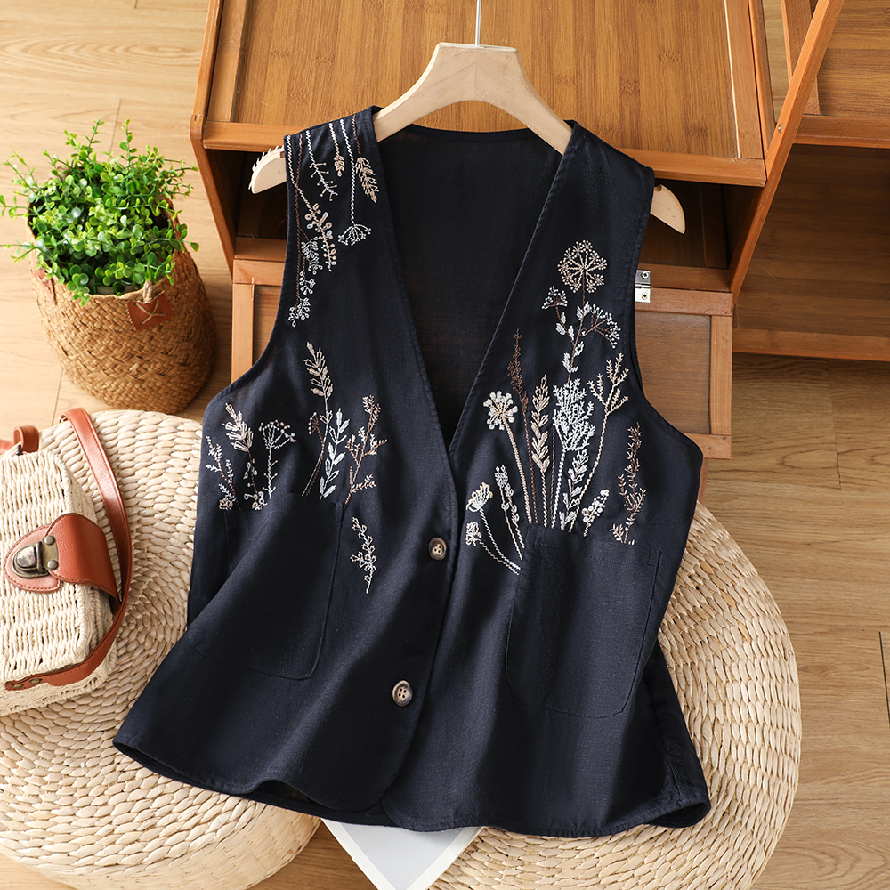 실사 레트로 아마 무거운 작업 자수 조끼 여자 루즈핏 캐주얼 다용도 민소매 어깨 스택 착용 외부 가져 가라. 조끼