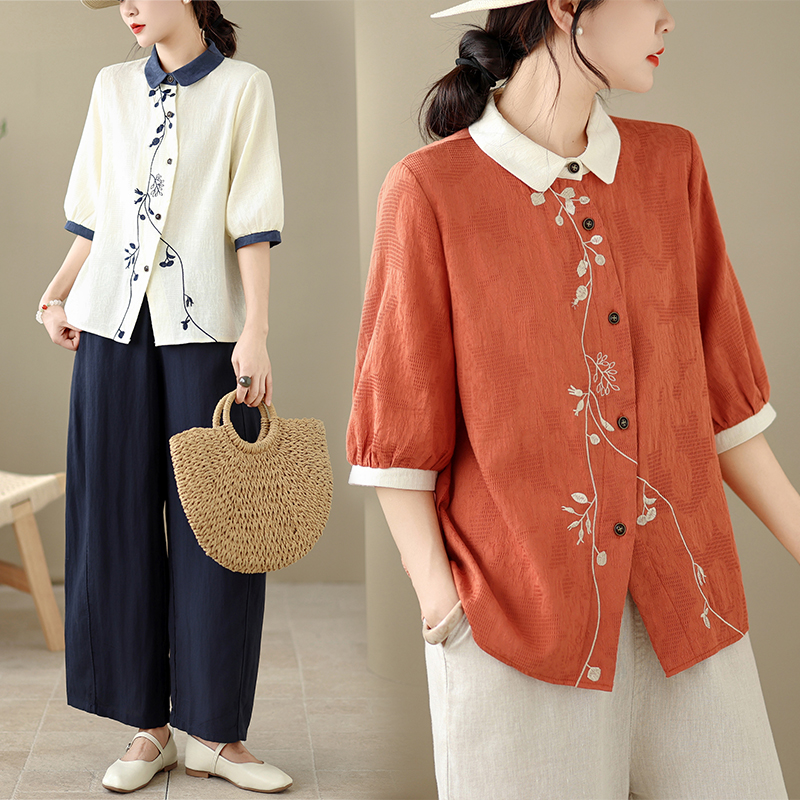 실사 순면 자카드 반팔 여성 셔츠 여름 새로운 루즈핏 캐주얼 디자인 센스 외국 가스 연령 감소 자수 맨위