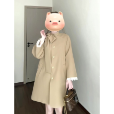 批发英伦风千金蝴蝶结立领风衣外套女装秋季新款小个子中长卡其色大衣