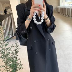 批发秋季外套女2025年新款过膝黑色显瘦双排扣直筒长款西服<b class='q'>大</b>衣女潮