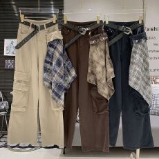 批发韩版复古小众辣妹格子拼接口袋<b class='q'>设计</b>感宽松百搭时尚牛仔工装长裤女