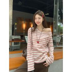 批发原版新宿双纱红色条纹斜肩<b class='q'>T</b><b class='q'>恤</b>女秋气质休闲长袖露肩打底衫上衣