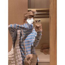 批发【原版品质-含绒】秋季新款宽松百搭上衣复古辣妹条纹长袖<b class='q'>T</b><b class='q'>恤</b>女