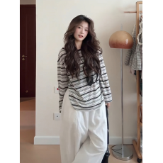 批发韩系黑色条纹<b class='q'>防晒</b>罩衫长袖T恤女早秋慵懒宽松miu系空调衫薄款上衣