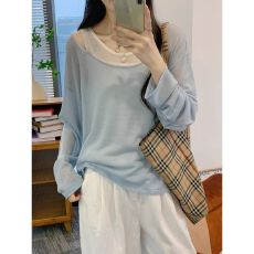 批发蓝色两件套<b class='q'>防晒</b>罩衫长袖T恤女2025秋冬新款多巴胺独特超好看上衣