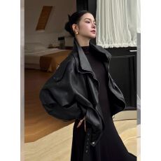 批发黑色复古机车翻领pu皮衣外套女酷飒风爆款2025春<b class='q'>秋</b>新款皮夹克上衣