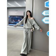 批发松弛感露肩套头长袖卫衣宽松纯色百搭休闲长裤女秋冬新款时尚套装