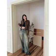 批发美式复古做旧咖啡色短款<b class='q'>夹克</b>外套2025春季新款辣妹百搭立领PU皮衣