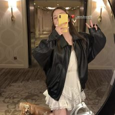 批发高级感美式复古PU皮长袖外套女秋季宽松显瘦气质咖色<b class='q'>夹克</b>机车服