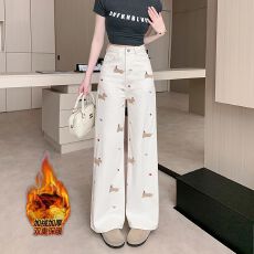 批发实拍实价~加绒加厚卡通腊肠狗刺绣阔腿牛仔<b class='q'>裤</b>女秋季高腰显瘦长<b class='q'>裤</b>