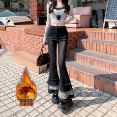 批发实拍实价~美式黑色微喇叭牛仔<b class='q'>裤</b>女秋冬加绒高腰显瘦设计感<b class='q'>裤</b>子