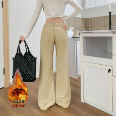 批发实拍实价~加绒加厚卡其色喇叭牛仔<b class='q'>裤</b>女新款高腰宽松显瘦阔腿<b class='q'>裤</b>子
