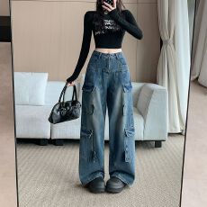 批发实拍实价~美式工<b class='q'>装</b>宽松阔腿牛仔<b class='q'>裤</b>女新款设计感多口袋直筒牛仔<b class='q'>裤</b>