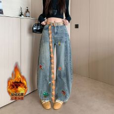 批发实拍实价~复古卡通加绒加厚牛仔<b class='q'>裤</b>女设计感高腰宽松阔腿弯刀<b class='q'>裤</b>子