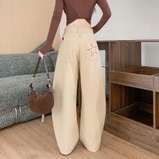 批发实拍实价~美式复古星星刺绣弯刀<b class='q'>裤</b>牛仔<b class='q'>裤</b>女新款宽松阔腿镰刀<b class='q'>裤</b>子