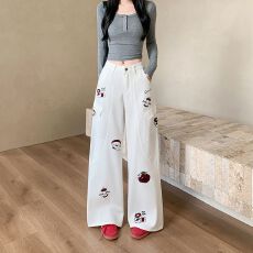 批发实拍实价~白色牛仔<b class='q'>裤</b>女美式复古刺绣工<b class='q'>装</b>牛仔<b class='q'>裤</b>高街设计感直筒<b class='q'>裤</b>